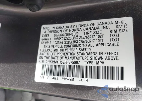 2015 Honda Cr-V Ex from USA, damaged, VIN 2HKRM4H53FH678997